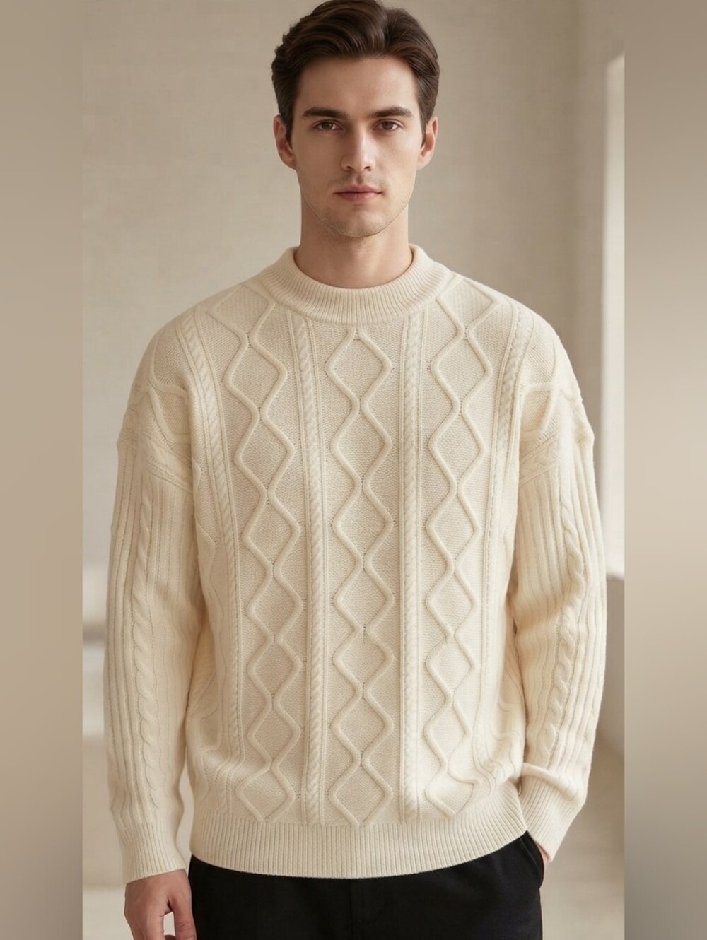 Aelfric Eden Cream White Diamond Cable Knit Crewneck Sweater XL GUC